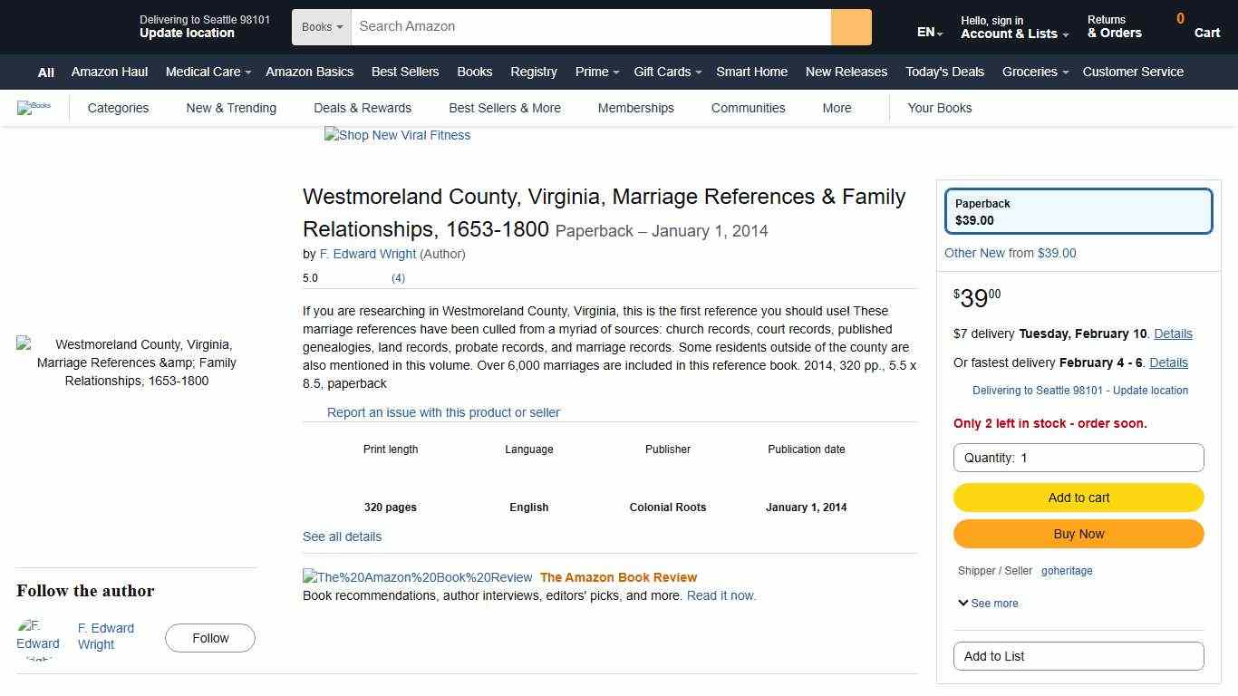 Westmoreland County, Virginia, Marriage References & Family Relationships, 1653-1800: F. Edward Wright: Amazon.com: Books